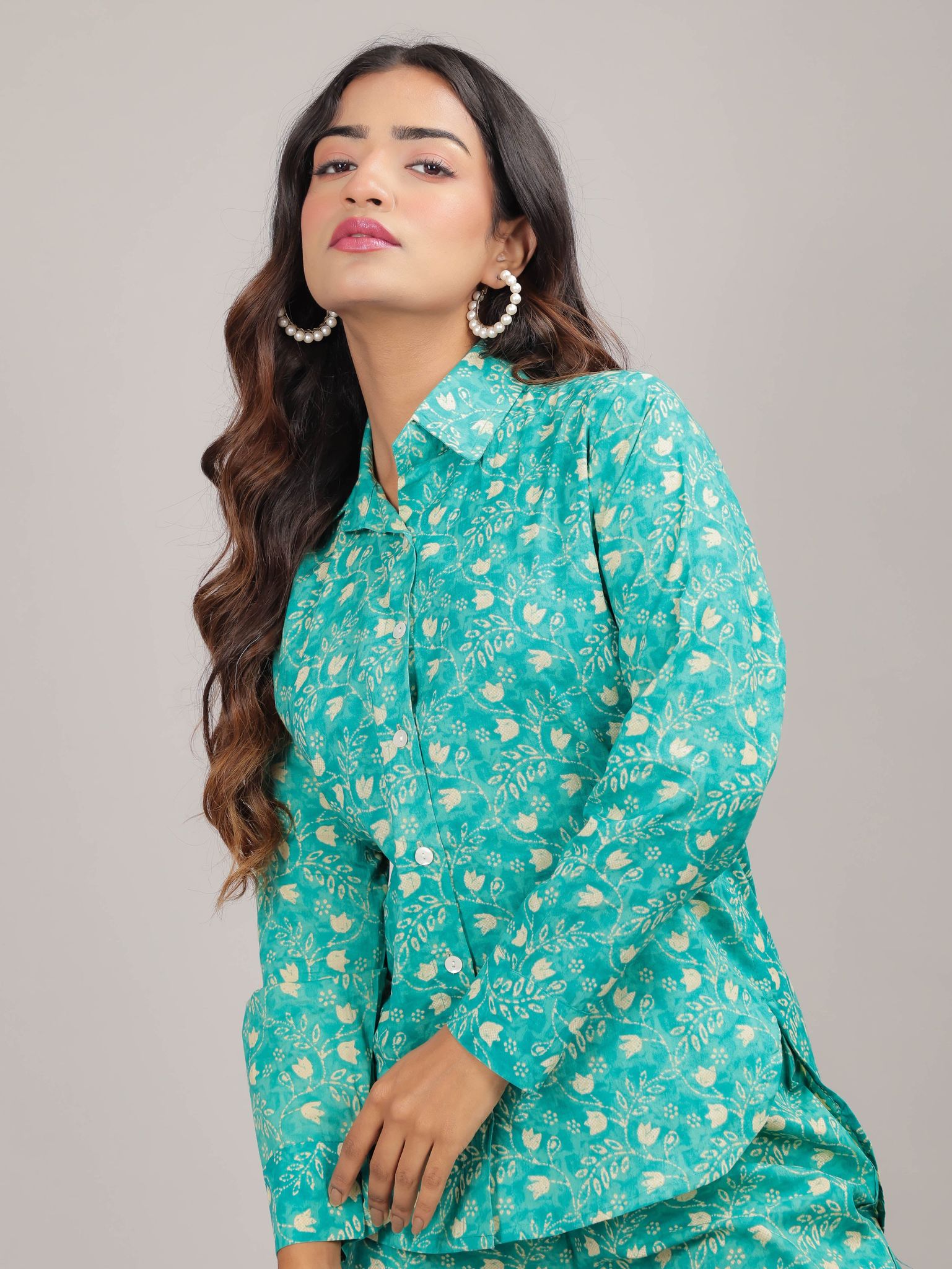 Floral Print on Teal Cotton Shirt Set for Women-S