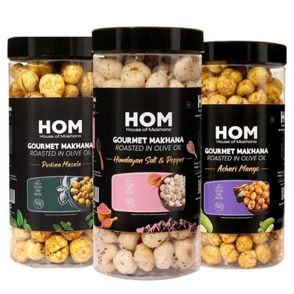 GOURMET MAKHANA Roasted in Olive Oil | Flavors Pudina Masala, Himalayan Salt & Pepper and Achari Mango | Combo Of 3, 65g Each. - 195 gm