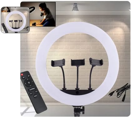 18 Inch LED Ring Light with 3 Colour Modes & 3 Mobile Holders, Remote Control (1 Set)