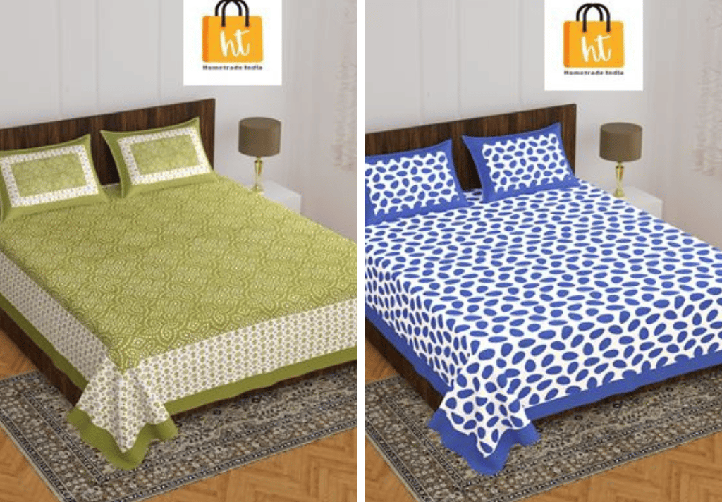 3001-Hometrade India-Standard King Size (90*108 Inches)-Pure Cotton Jaipuri Double Bedsheet With Matching Pillow Cover