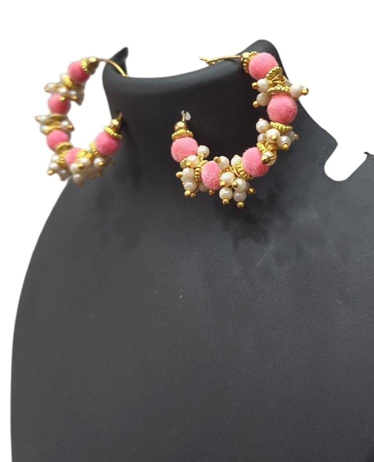 "Exquisite Pink Velvet Pearl Hoop Earrings - Traditional Indian Jewelry"