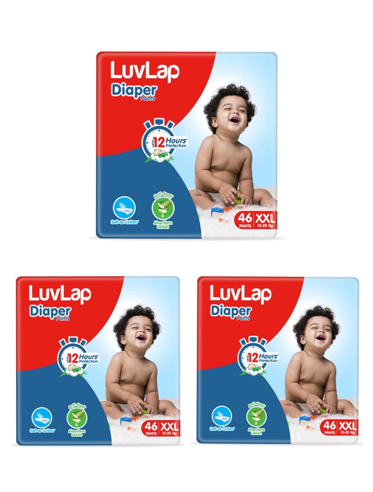 LuvLap Diaper Pants XXL, 15-25kg, 138 Count, Baby Diaper Pants, with Aloe Vera Lotion for Rash Protection, upto 12 Hour protection Pack of 3