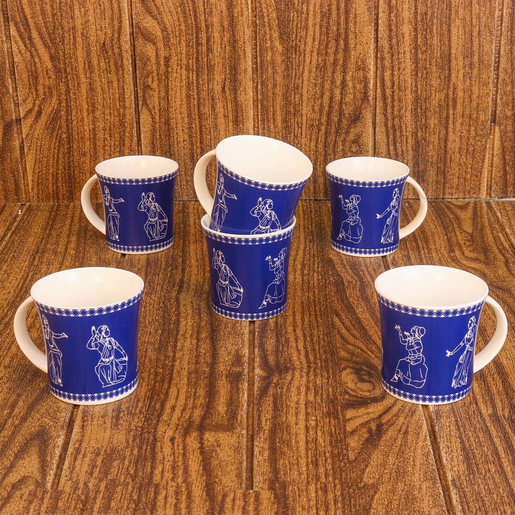 Femora Traditional Dancers Pattern Tea Cups, Ceramic Tea Cups, Coffee Mugs (160 ml) - 6 Pcs Set (Blue)