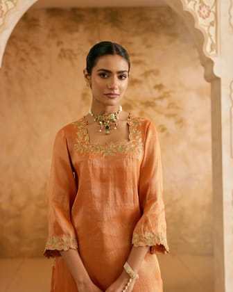 Rust Fern Tissue Kurta with Narrow Pants - Set of 2-XXS / XXS