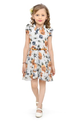 Be:Kids Floral Print Pleated Dress with Belt for Girls - Red and Blue on White