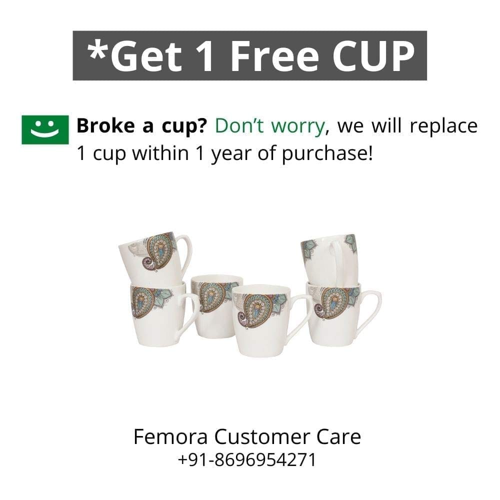 Femora Indian Ceramic Handmade Painted Peacock Design Tea Cup Coffee Cup - 6 Pcs,160 ML - Small Serving