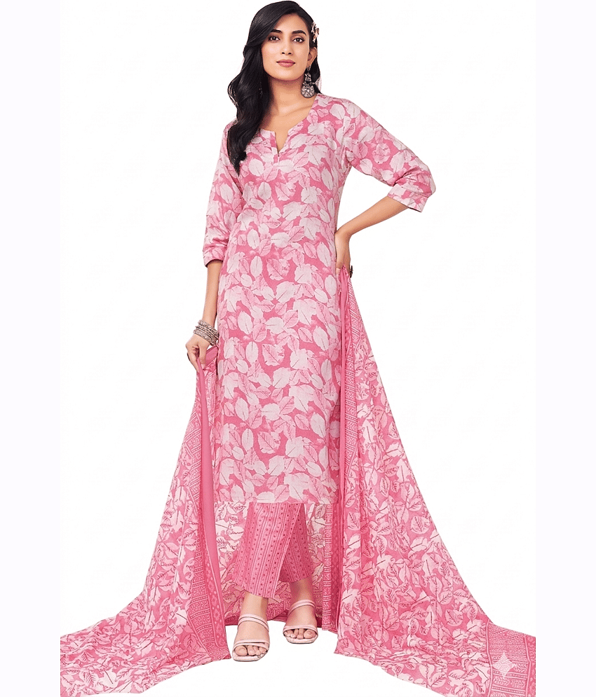 SIMMU Women Cotton Printed Straight Kurti With Pants ( Pink )