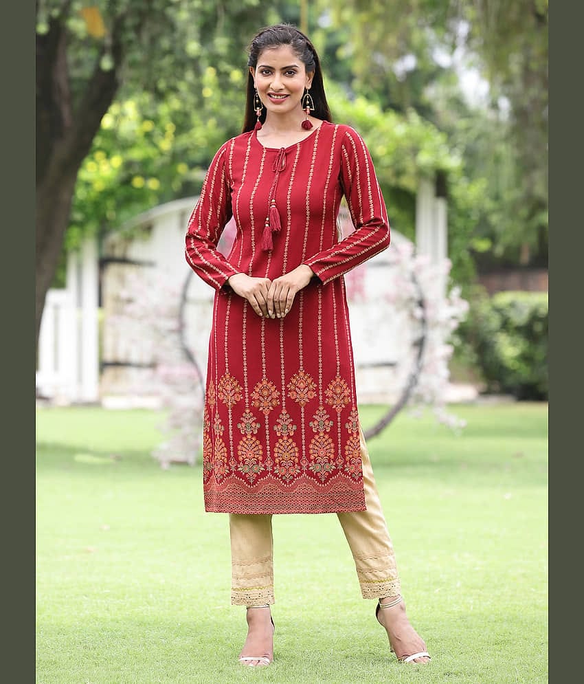 Juniper Acrylic Embroidered Straight Women's Kurti - Maroon ( Pack of 1 )
