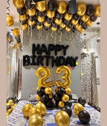 PartyBooms Happy Birthday Black Foil Decoration Item, 23 Gold Number Foil, 20 Gold, 20 Black Metalic Balloons Pack of 43