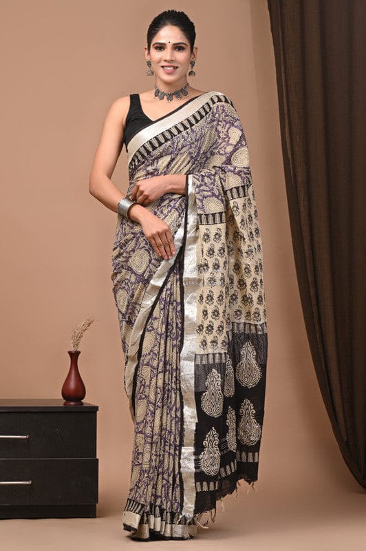 HAND BLOCK PRINTED COTTON LINEN SAREE WITH BLOUSE