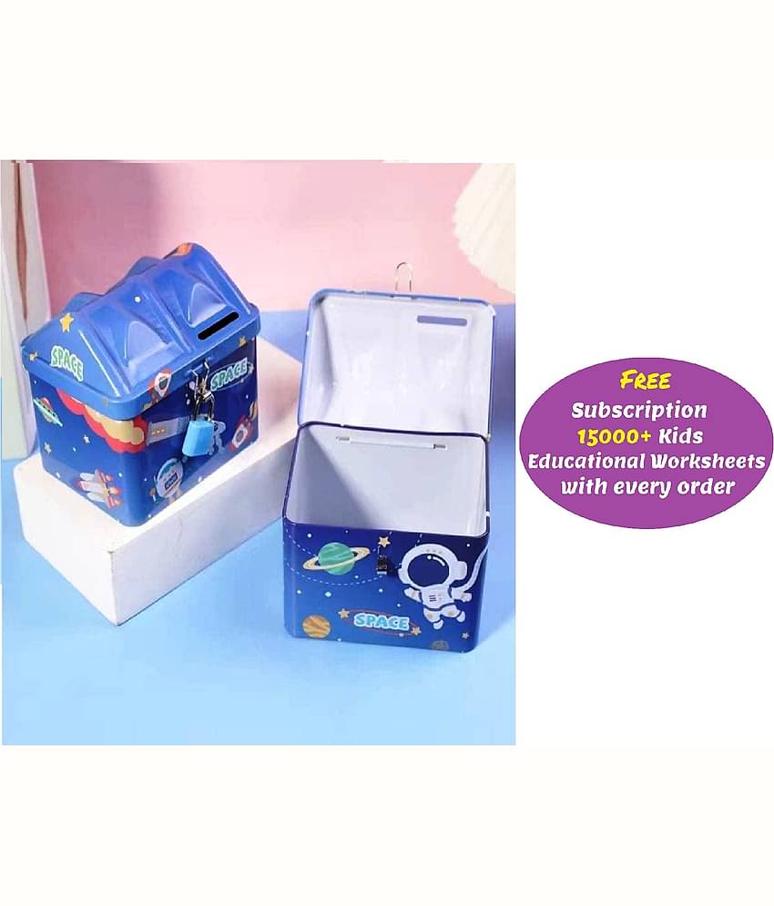 Kdsaholic boys Cartoon  Themed Money Saving Tin Coin Box with Lock and Key – Birthday Return for Boys & Girls, Money Bank, Coin Box for Kids (Random Character Space/ Crocodile) (Free subscription of kids Educational worksheets)