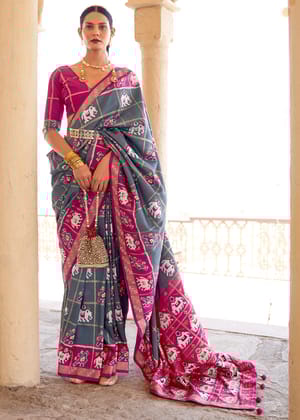 Flint Grey & Pink Printed Patola Silk Saree