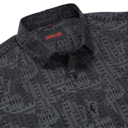 Black Tribal Print Slim Fit Men's Full Sleeve Shirt (GP331)-M-38 / Full Sleeve