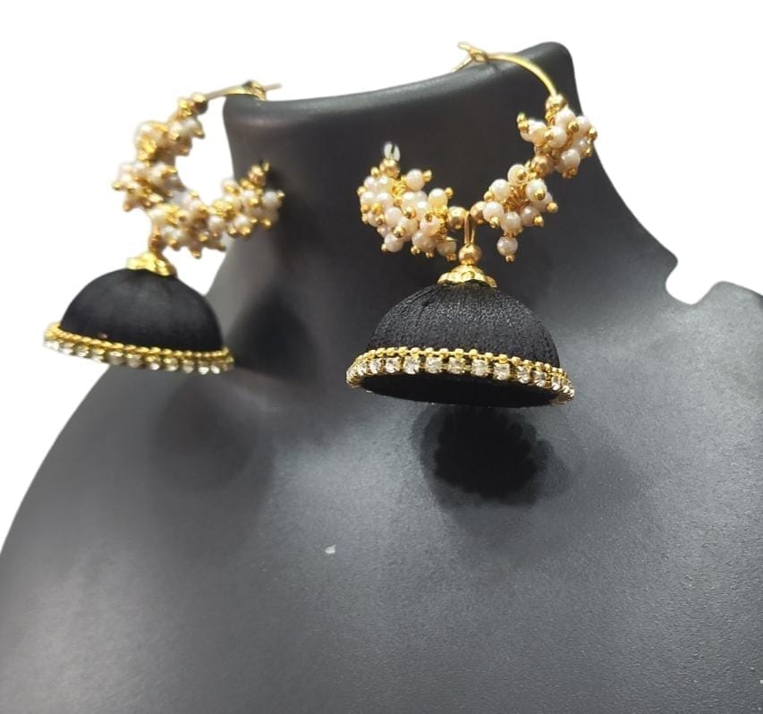 Black Silk Thread Jhumka Earrings with Pearl and Stone Detailing