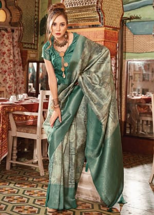 Saga Green Banarasi Silk Saree With Digital Print