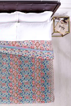 Charmine Floral Bloom Hand Block Printed Turquoise Cotton Muslin Quilt-Double - 90 x 108 in / Turquoise / Turquoise