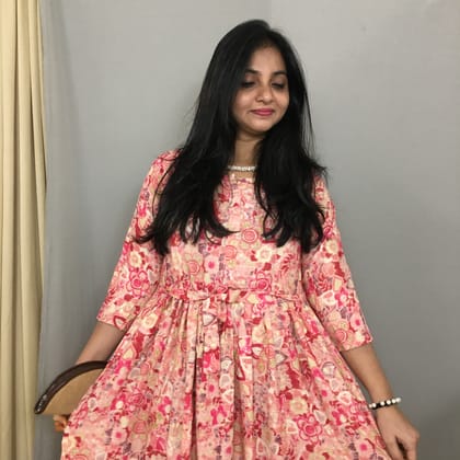 Red Pink White Flower - Maternity Kurti with Feeding Zips - Soft Rayon-36 - 38 ( S - M )