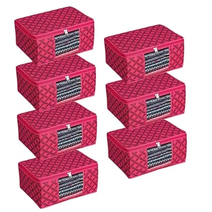 Bindian Multipurpose Saree Cover for Wardrobe Storage | Premium Non-Woven Fabric Cloth Organizer Box with Transparent Window & Zipper | Ideal for Storing Sarees & More (Red Lining, Pack of 7)