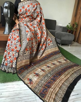 Kalamkari Chanderi Silk Saree Off White Blockprinted