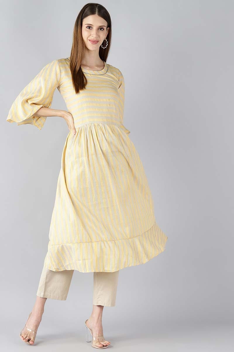 Women Yellow Striped A Line Kurta VCK8126
