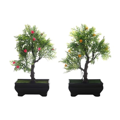 Foliyaj Combo of 2 Artificial Flower Plant Bonsai Tree with Pot for Home Decor Living Room Office (12 cm x 10 cm x 23 cm, Set of 2, FYJ-C-BPT-B-3BRTHIKPNKYELFLW)