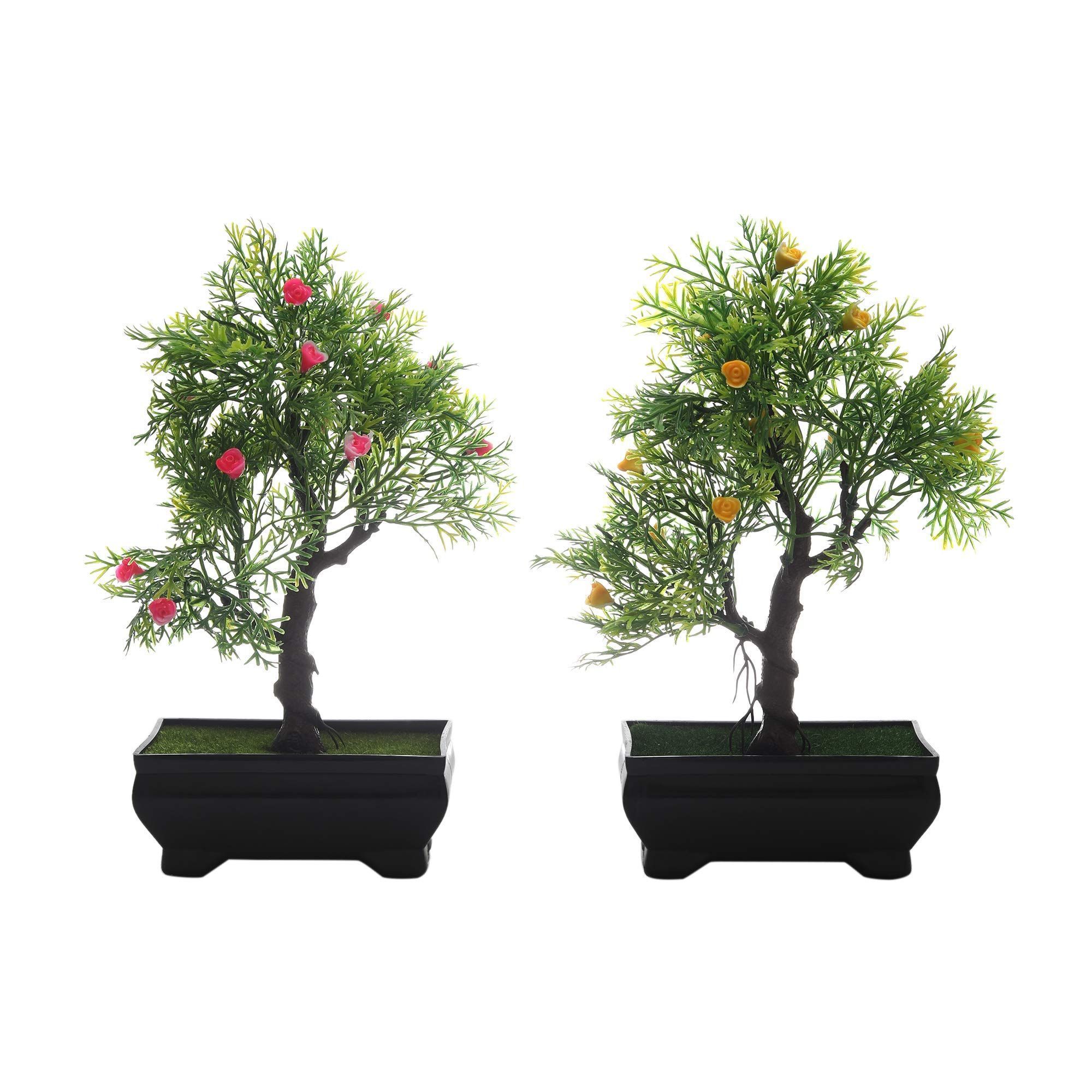 Foliyaj Combo of 2 Artificial Flower Plant Bonsai Tree with Pot for Home Decor Living Room Office (12 cm x 10 cm x 23 cm, Set of 2, FYJ-C-BPT-B-3BRTHIKPNKYELFLW)