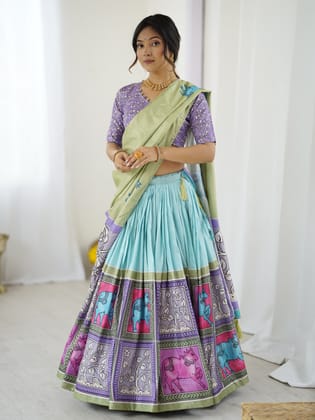 Trendy Kalamkari Lehenga with Contrast Blouse | Lightweight & Stylish
