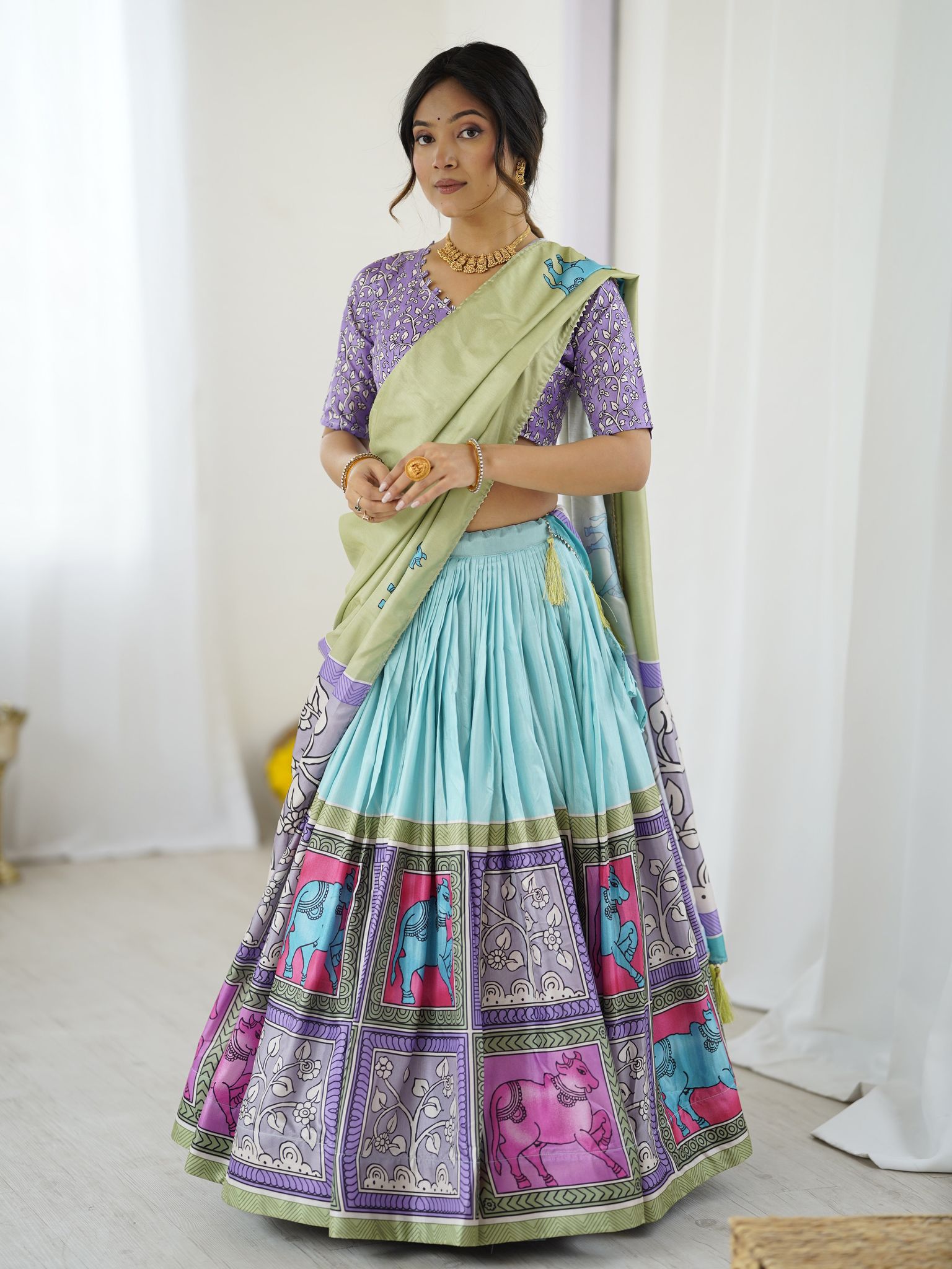 Trendy Kalamkari Lehenga with Contrast Blouse | Lightweight & Stylish