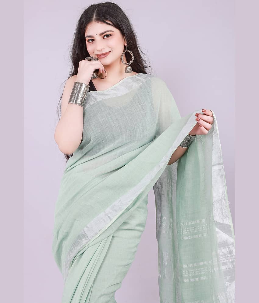 NOITAERCPR Cotton Printed Saree With Unstitched Blouse Piece ( Lime Green )