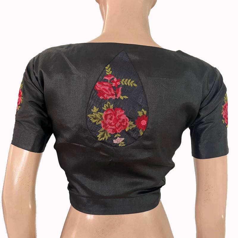 Pure Tusar Scallop Neck Blouse with Embroidery Patches, Short Sleeves and Lining , Balck , BL1010.-XL