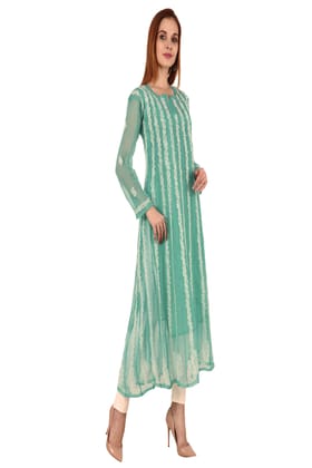 The Chikankari Story: Women's Sea Green Georgette Anarkali Kurta with Lakhnavi Aari Embroidery - Traditional Bollywood-Inspired Design-XL