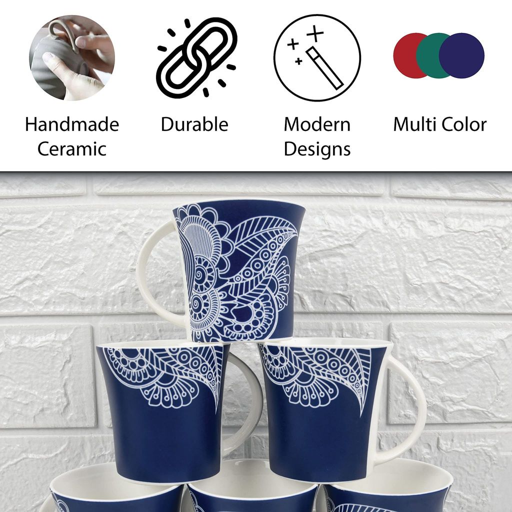 Femora Rich Paisley Pattern Tea Cups, Ceramic Tea Cups, Coffee Mugs (160 ml) - 6 Pcs Set (Blue)