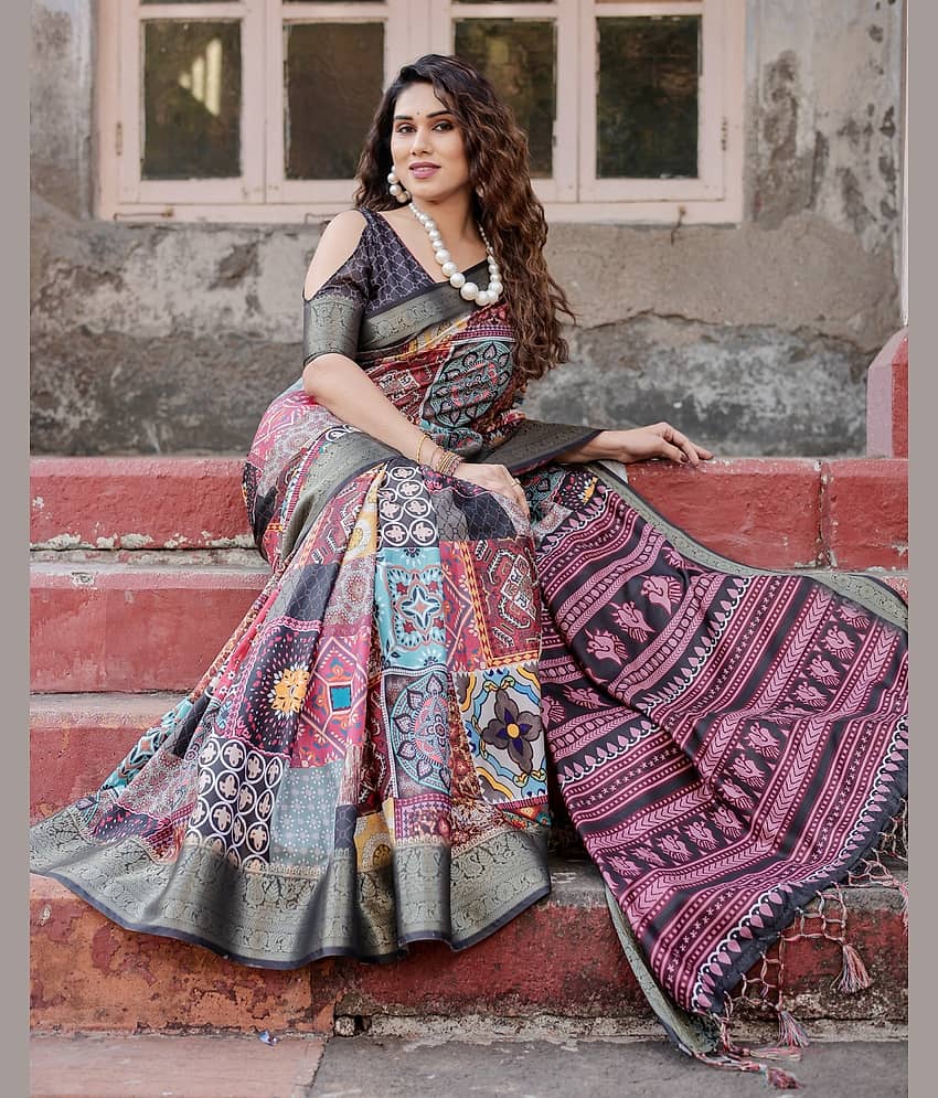 Almaari Fashion Cotton Silk Printed Saree With Unstitched Blouse Piece ( Multicolor )