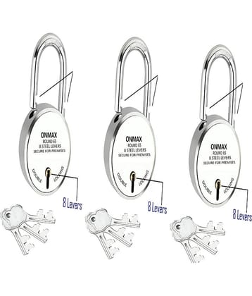 Onmax New Round 65mm Lock | Long Shackle Padlock | Metal Body | Double Locking | 8 Steel Levers | Silver Finish | Home Improvement | Made in India |(SRDL65)Pack of 3 Pcs