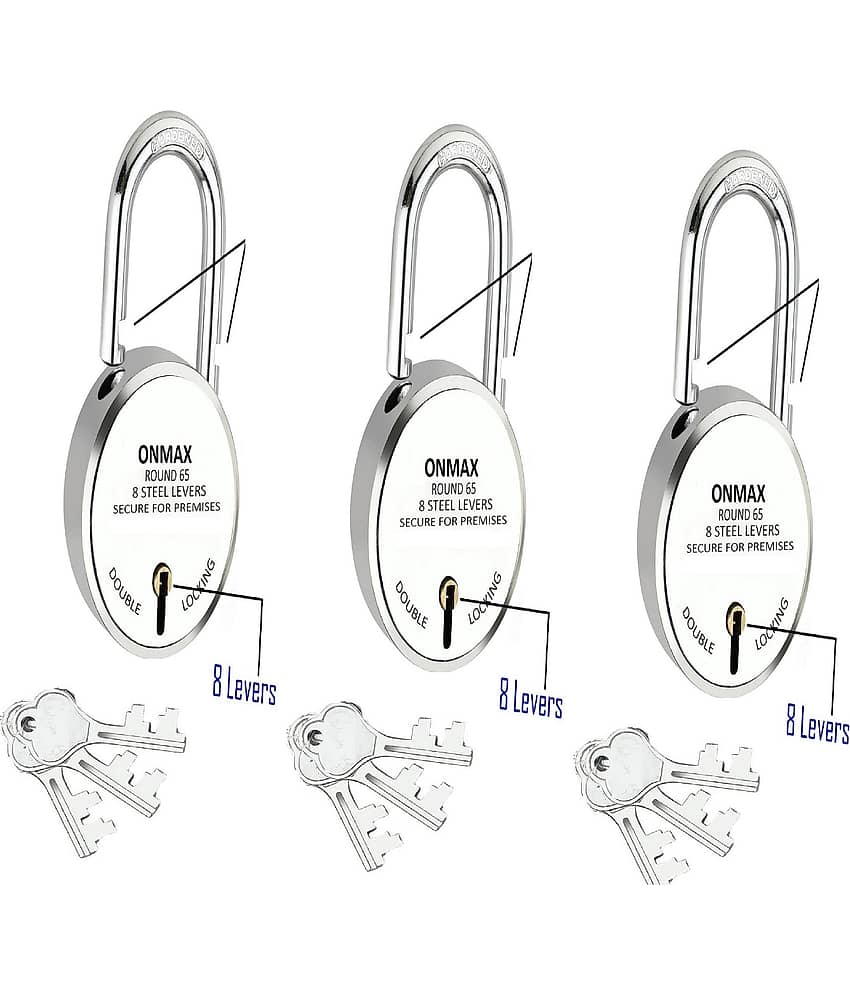 Onmax New Round 65mm Lock | Long Shackle Padlock | Metal Body | Double Locking | 8 Steel Levers | Silver Finish | Home Improvement | Made in India |(SRDL65)Pack of 3 Pcs