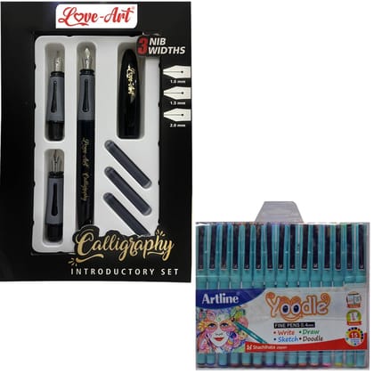 Love-Art Calligraphy Fountain Pen 3 Nibs Set with a Yoodle Pen Pack of 15 | For Calligraphy, Journaling, Writing, Sketching, Doodling and Drawing Love-Art Calligraphy Fountain Pen 3 Nibs Set with a Yoodle Pen Pack of 15 | For Calligraphy, Journaling, Writing, Sketching, Doodling and Drawing