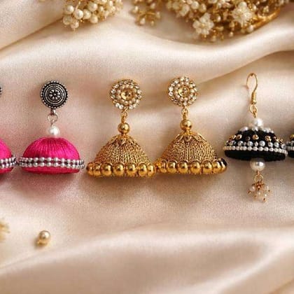 Premium Handmade Silk Thread Jhumka Combo Black Pink Golden Casual