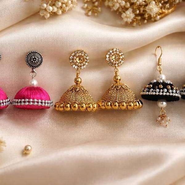 Premium Handmade Silk Thread Jhumka Combo Black Pink Golden Casual