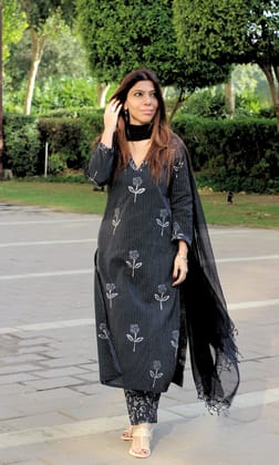 Cotton Kantha Handblock Kurta with Pants & Kota Doria Dupatta-XXS