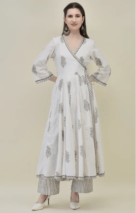 Hand Block Printed White Cotton Angrakha Suit Set