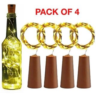 Pack of 4 LED Bottle Cork Lights - 6m Copper Wire String, Battery Operated, Mini Decorative Fairy Lights