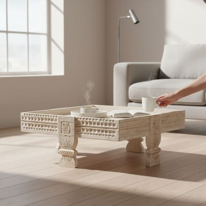 BAANMATA INTERNATIONAL Off-White Decorative Handicraft Coffee-Table Cum Lamp-Table,Wooden Carved Grinder-Table,Multipurpose Chakki-Table for Home/Office