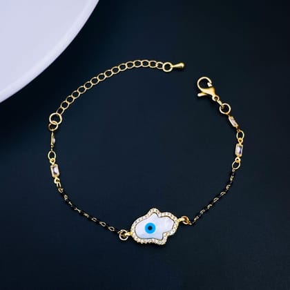 Hamsa Gold Evil Eye Cubic Zirconia Mother of Pearl Hand Mangalsutra Bracelet Women