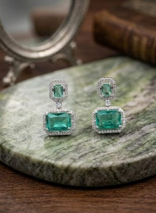 Generic Women's Brass Silver Plated Drop Earrings (Green)-PID66238