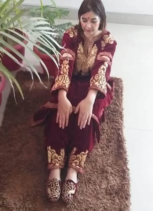 Heavy embroidered pheran-salwar with mojis in maroon velvets