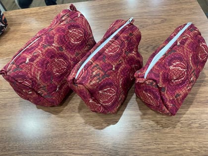 Quilted Cosmetic Bags, Maroon Floral Print, Light Blue Zipper, Set of 3, Travel Organizer Pouches Quilted Cosmetic Bags, Maroon Floral Print, Light Blue Zipper, Set of 3, Travel Organizer Pouches