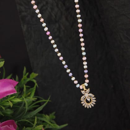 Stainless Steel Floral Pendent Pearl Chain Necklace - STNK 4