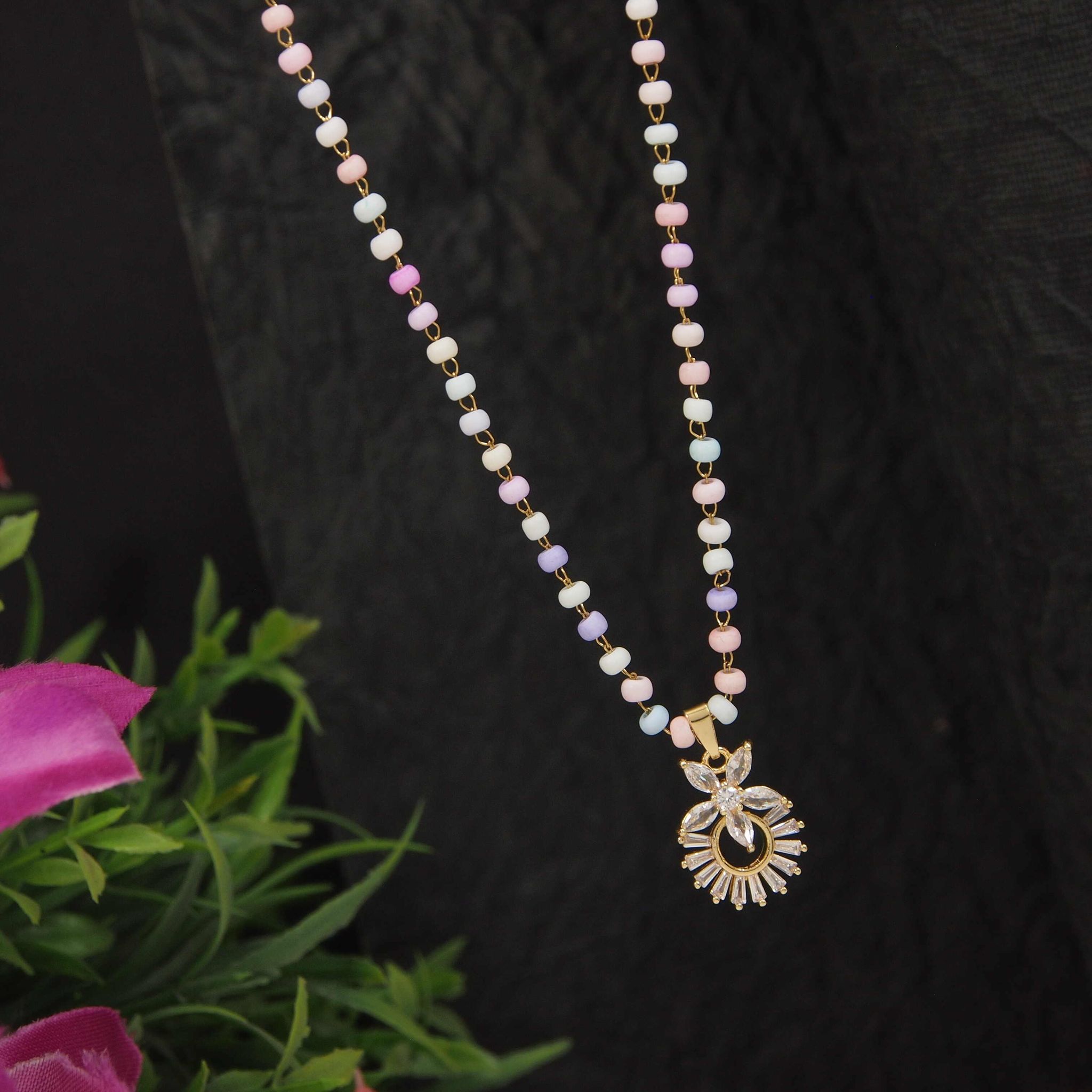 Stainless Steel Floral Pendent Pearl Chain Necklace - STNK 4