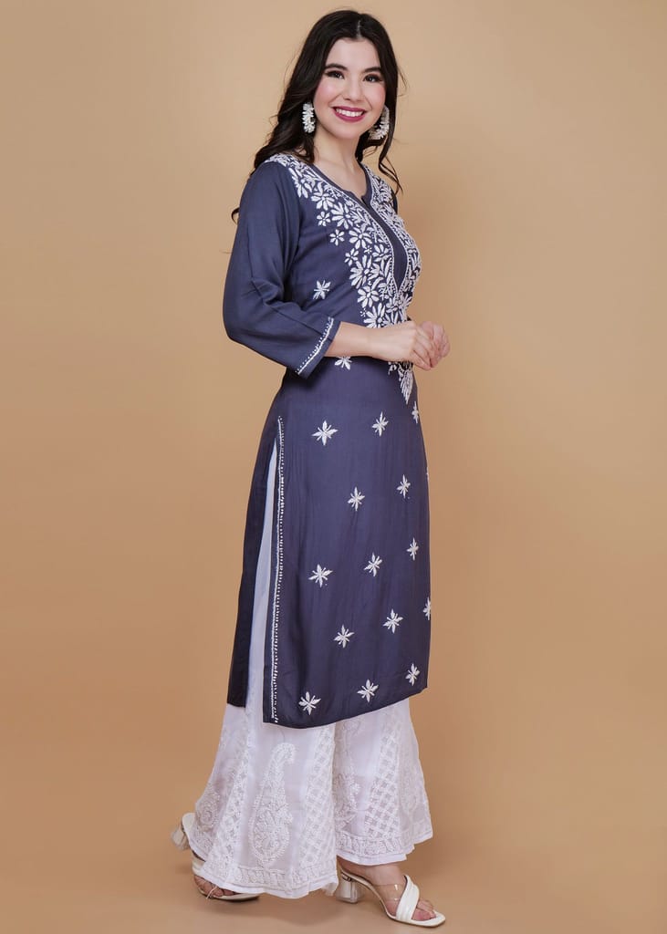 Chikankari Hand-Embroidered Rayon Straight Kurta Grey