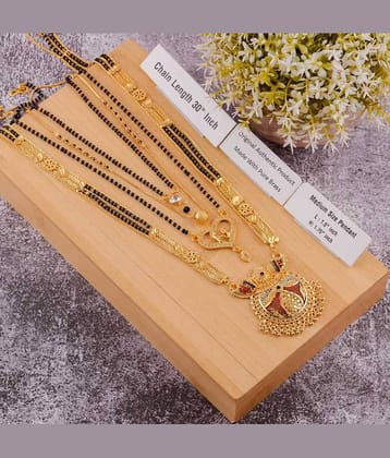 MGSV Jewellery Combo of 4 Pcs Ethnic Traditional One Gram Gold Glorious Maharashtrian Style Long Chain Black Beads 30 inch and 18 inch Short